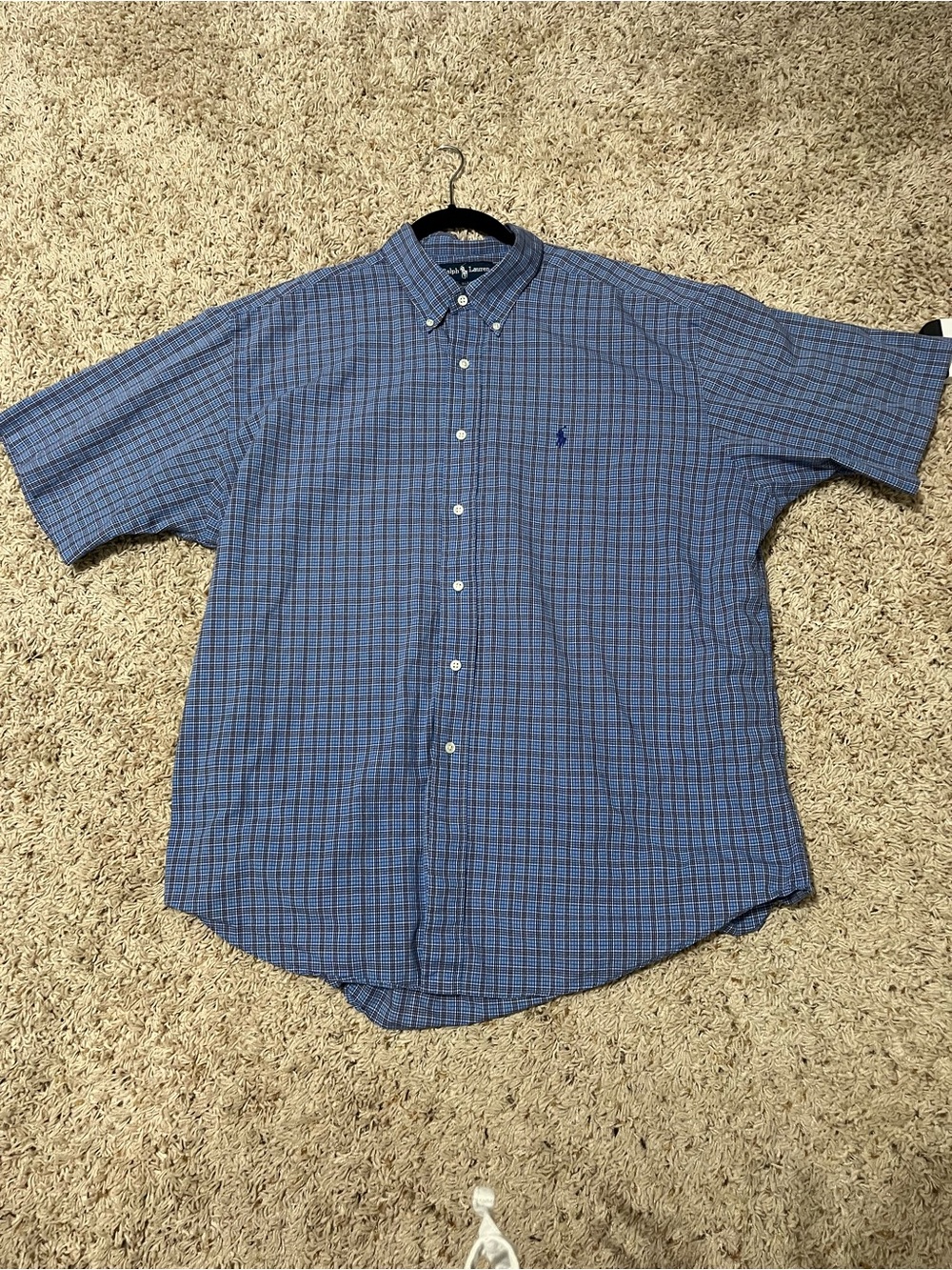 Ralph Lauren Blake Short Sleeve Plaid Blue Pony Cotton Button Up Shirt Size XL